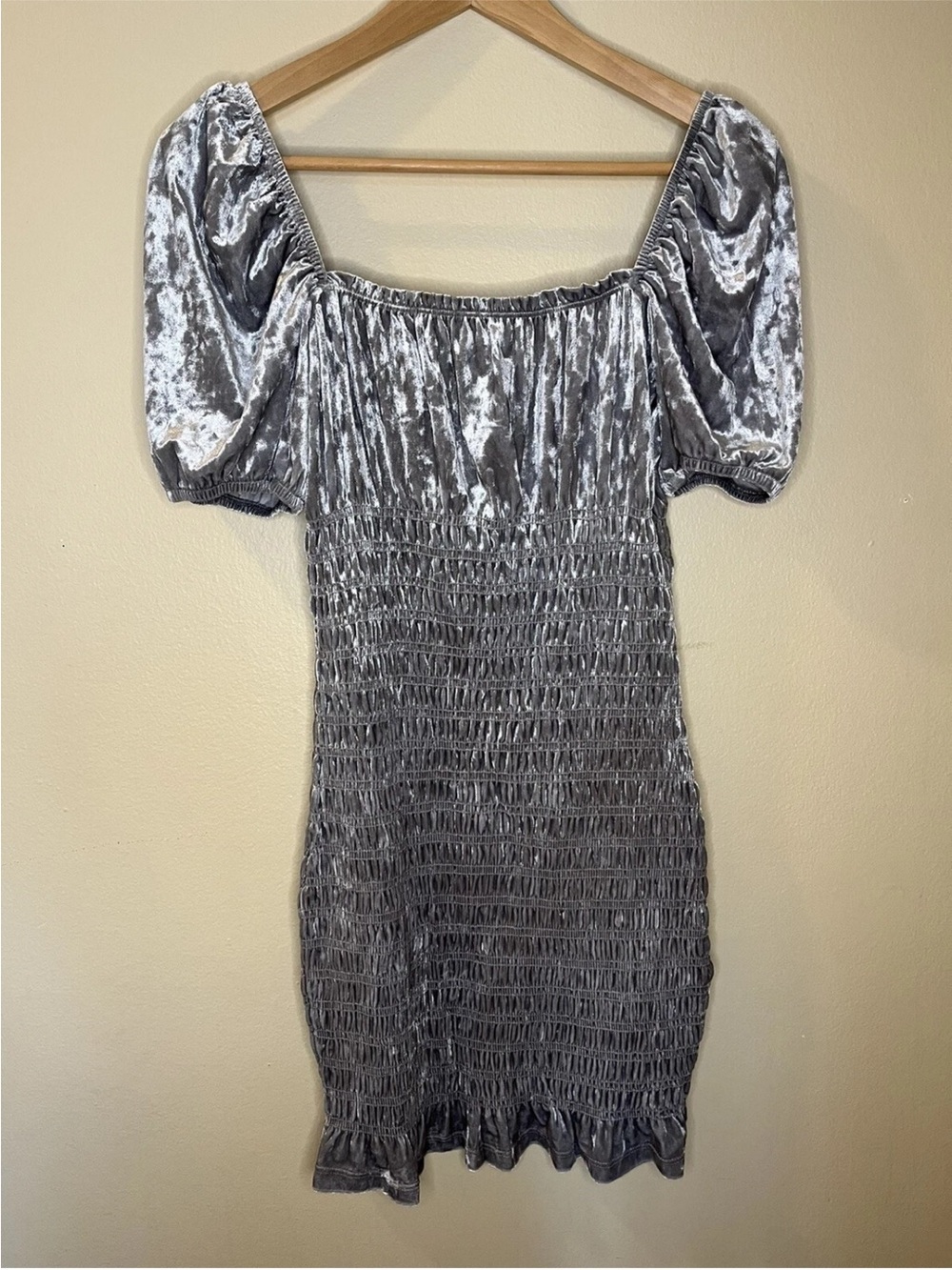 H&M Silver Crushed Velvet Smocked Puff-Sleeve Mini Dress